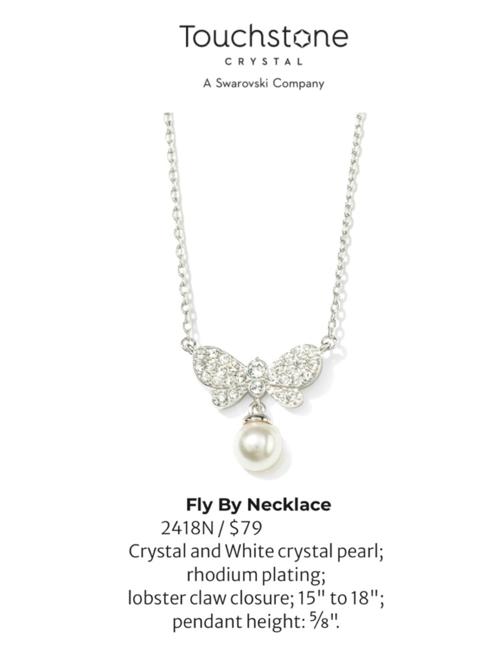 Touchstone Crystal Swarovski Silver Butterfly Necklace with White Pearl BNIB